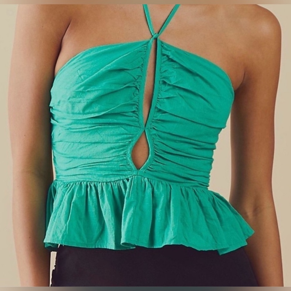 Free People Teal Halter Ruched Peplum Crop Top
